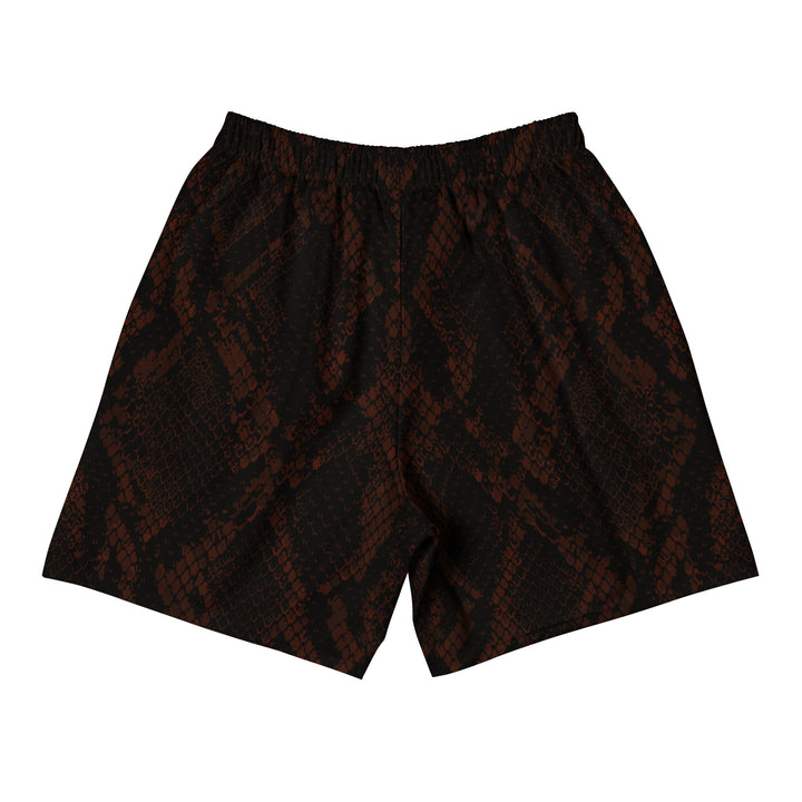 Hellbeing unisex burgundy snakeskin print athletic long shorts, back view