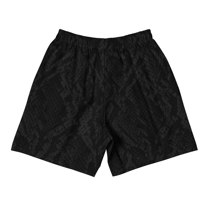 Hellbeing unisex black snakeskin print athletic long shorts, back view