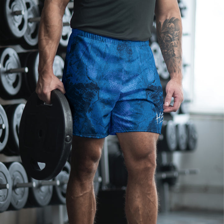 Hellbeing Bottom Line athletic long shorts in blue, front angle view