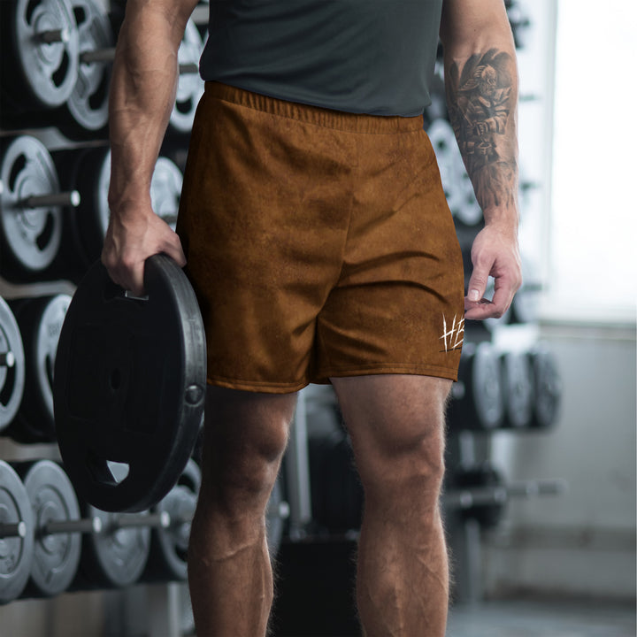 Hellbeing Have a Bad Day athletic long shorts in brown, front angle view