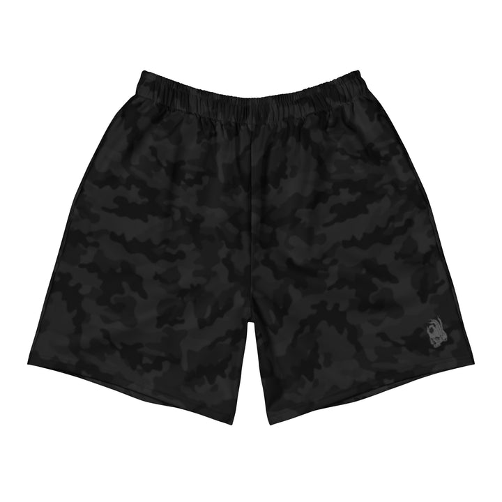 Hellbeing unisex black camo athletic long shorts, front view
