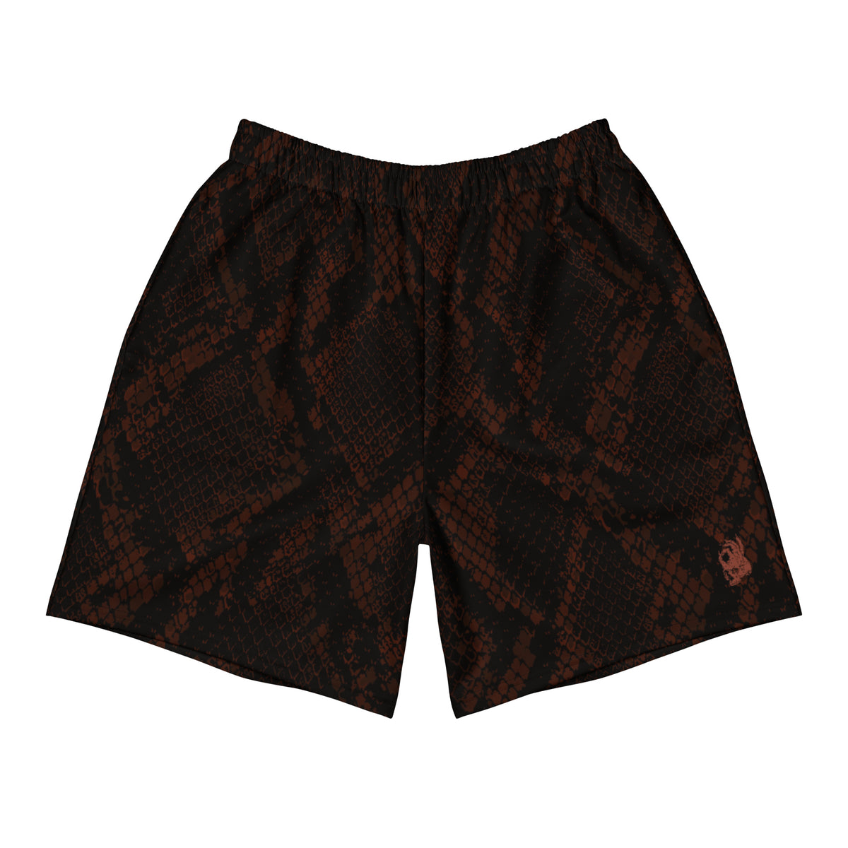 Hellbeing unisex burgundy snakeskin print athletic long shorts, front view