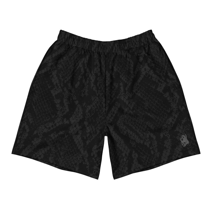 Hellbeing unisex black snakeskin print athletic long shorts, front view