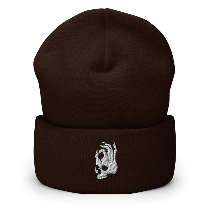 Hellbeing Skull dark brown cuffed beanie, front view