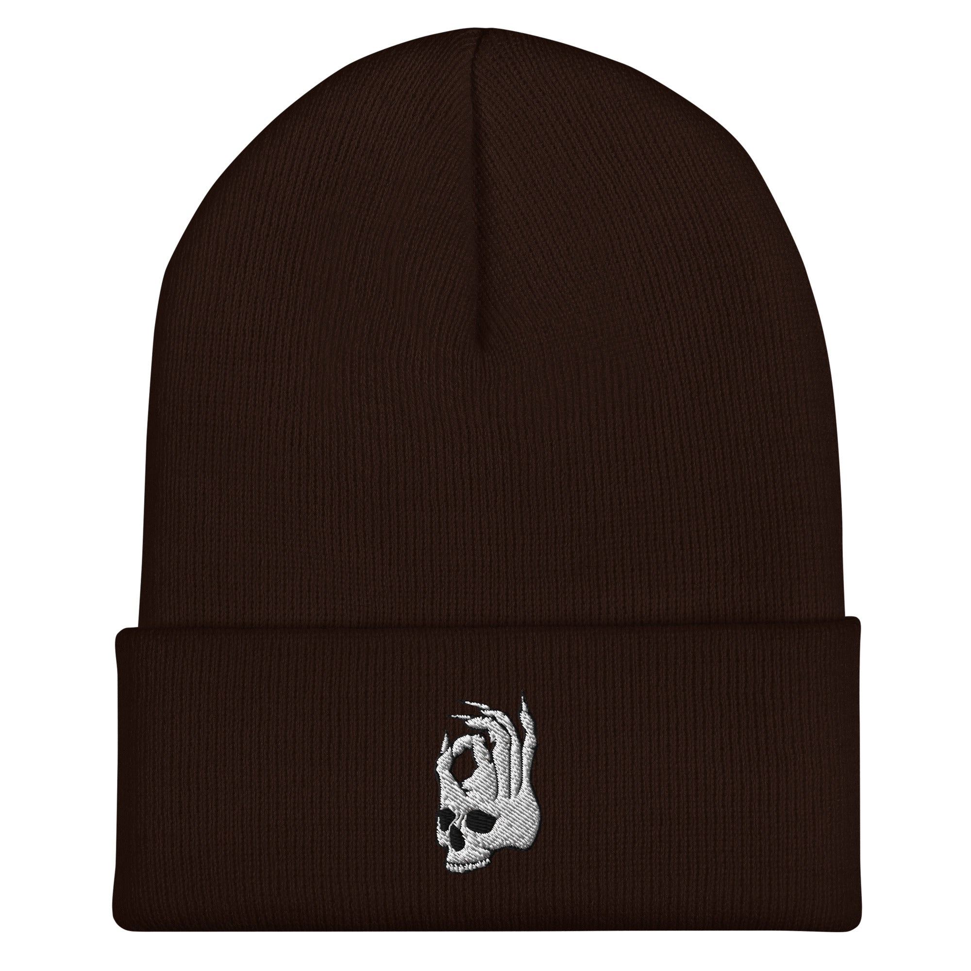 Hellbeing Skull dark brown cuffed beanie, alternate front view