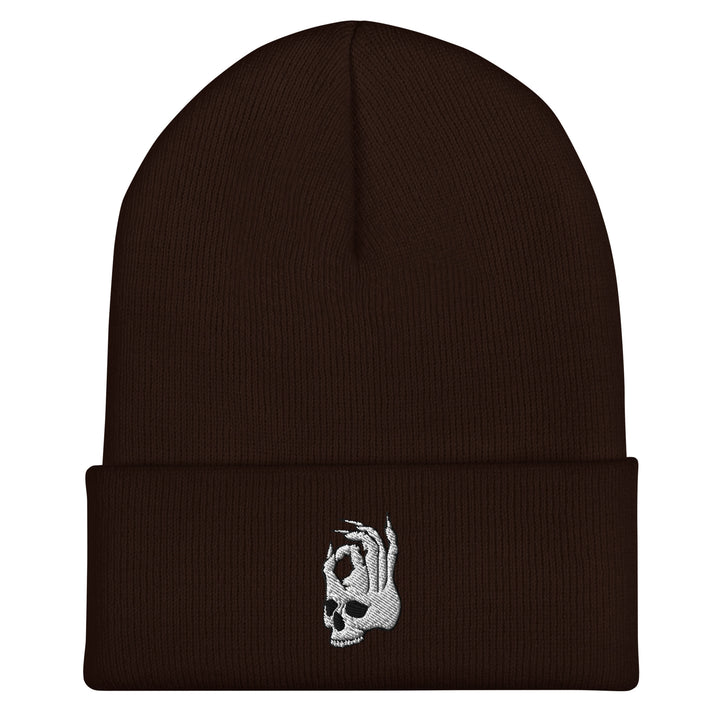 Hellbeing Skull dark brown cuffed beanie, alternate front view