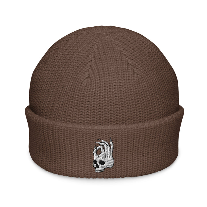 Hellbeing Skull walnut fisherman beanie, front view