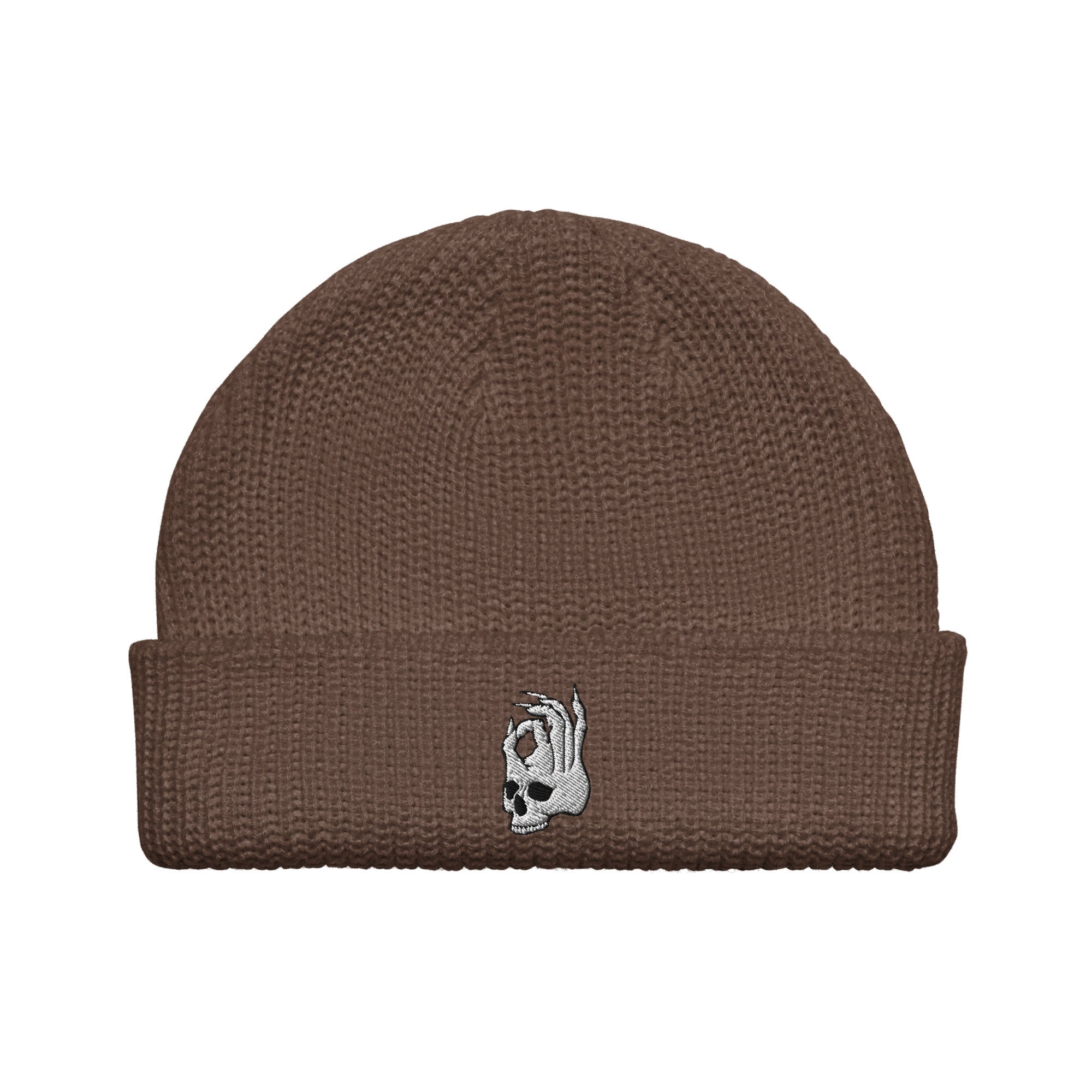 Hellbeing Skull walnut fisherman beanie, front design view