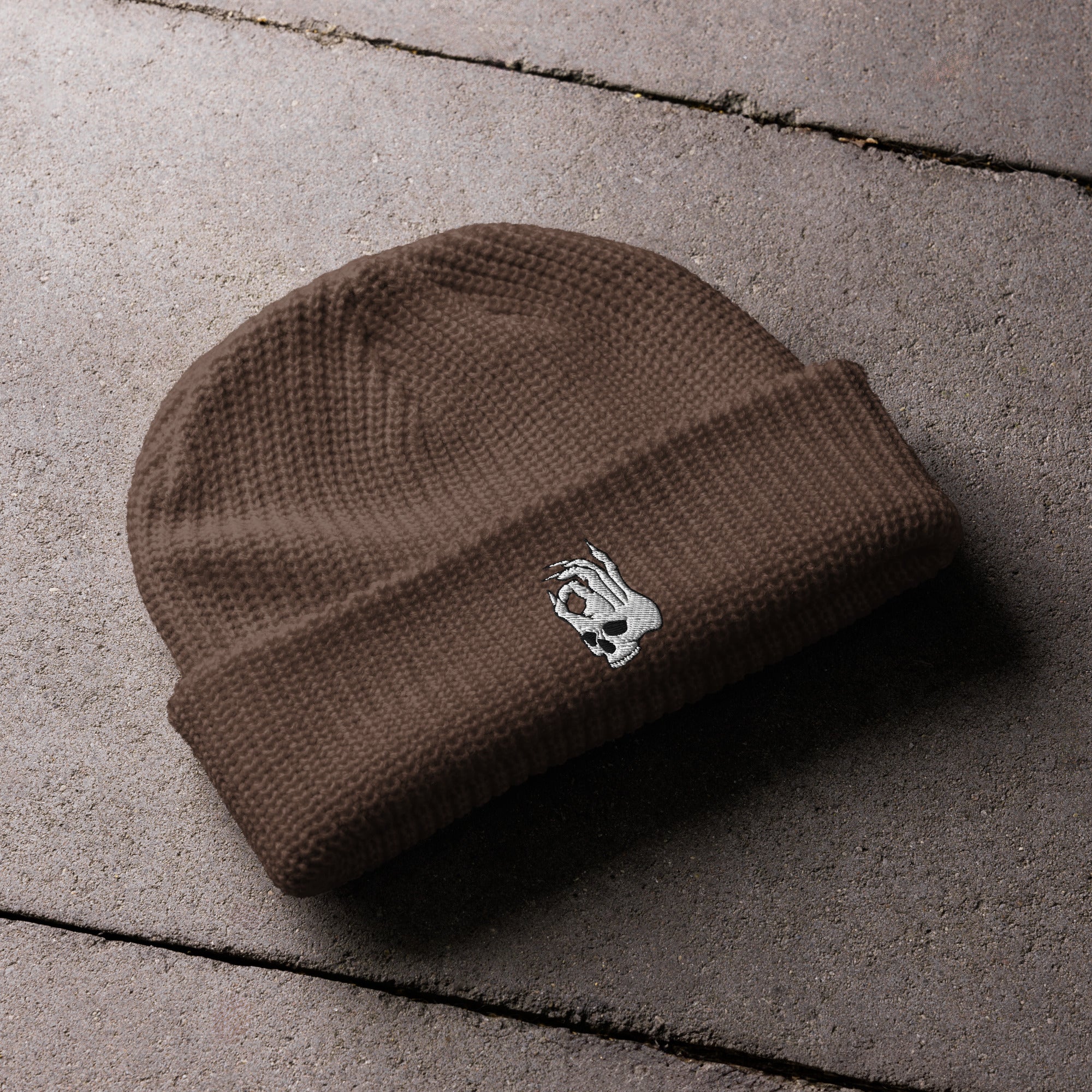 Hellbeing Skull walnut fisherman beanie, front detail view