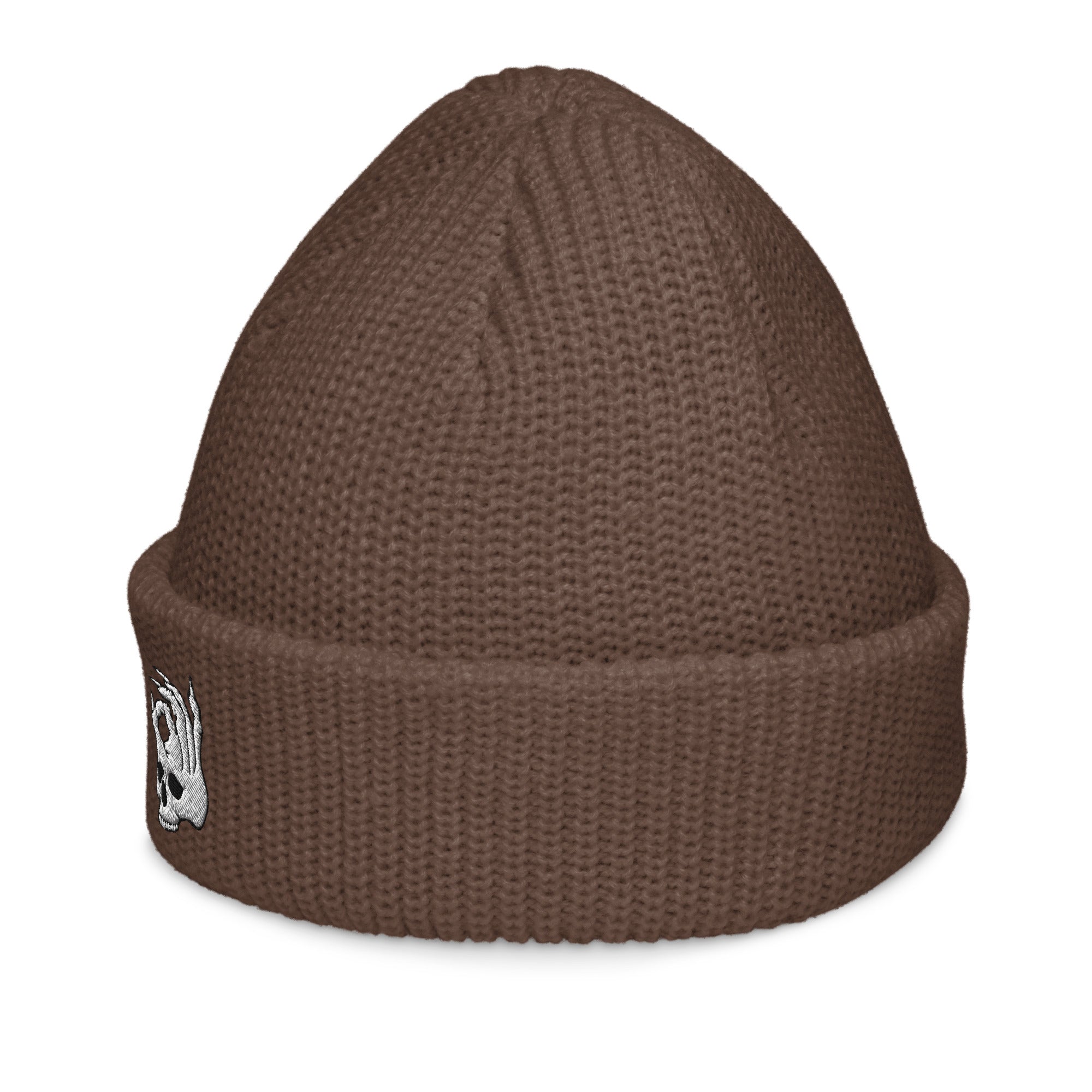 Hellbeing Skull walnut fisherman beanie, left side view