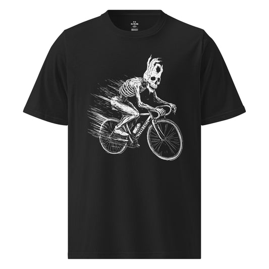Front view of the Hellbeing Under Armour Cycling skeleton black t-shirt
