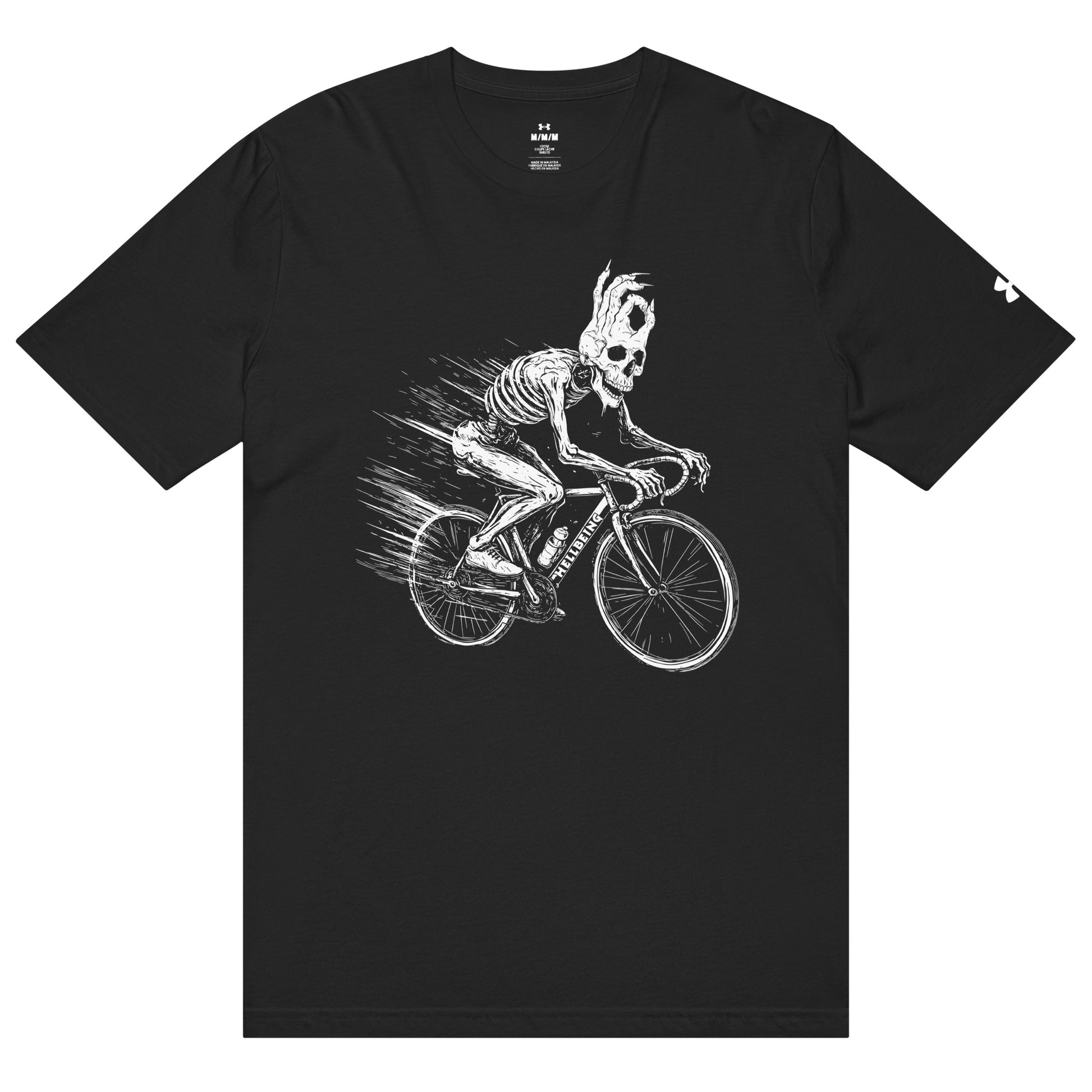 Front view of the Hellbeing Under Armour Cycling skeleton black t-shirt