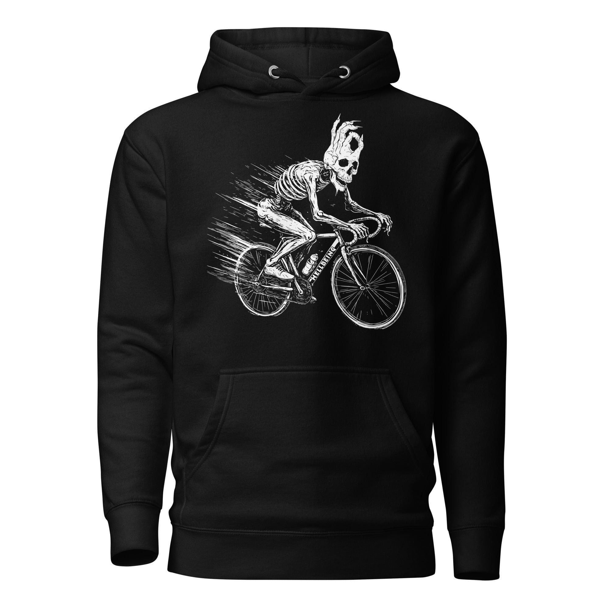 Hellbeing cycling skeleton hoodie in black, front view