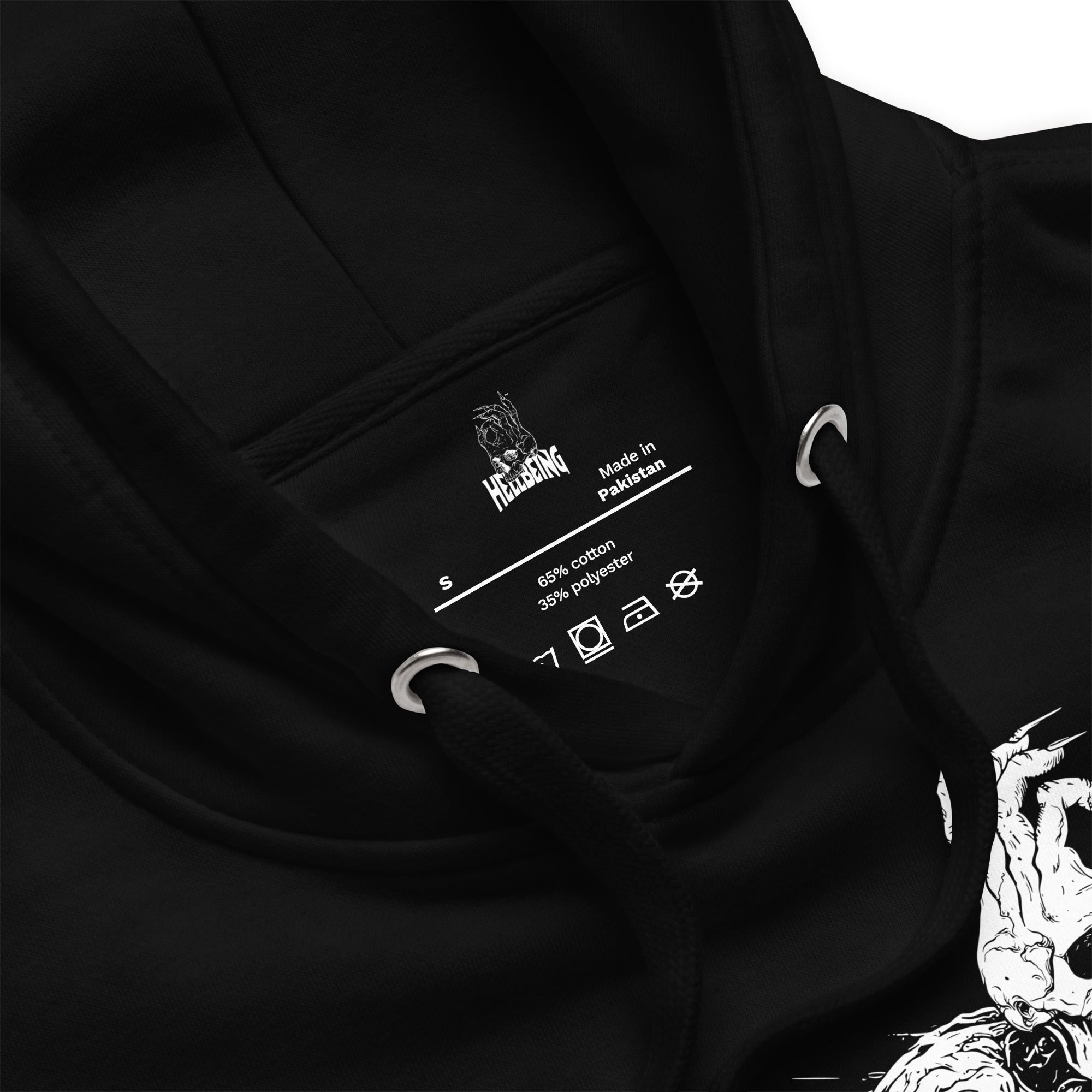 Hellbeing cycling skeleton hoodie, inside label detail