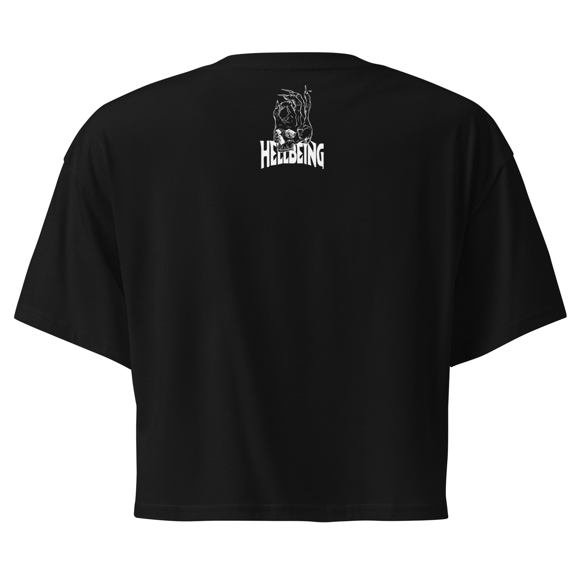 Back label view of the Hellbeing Cycling skeleton women's black crop top