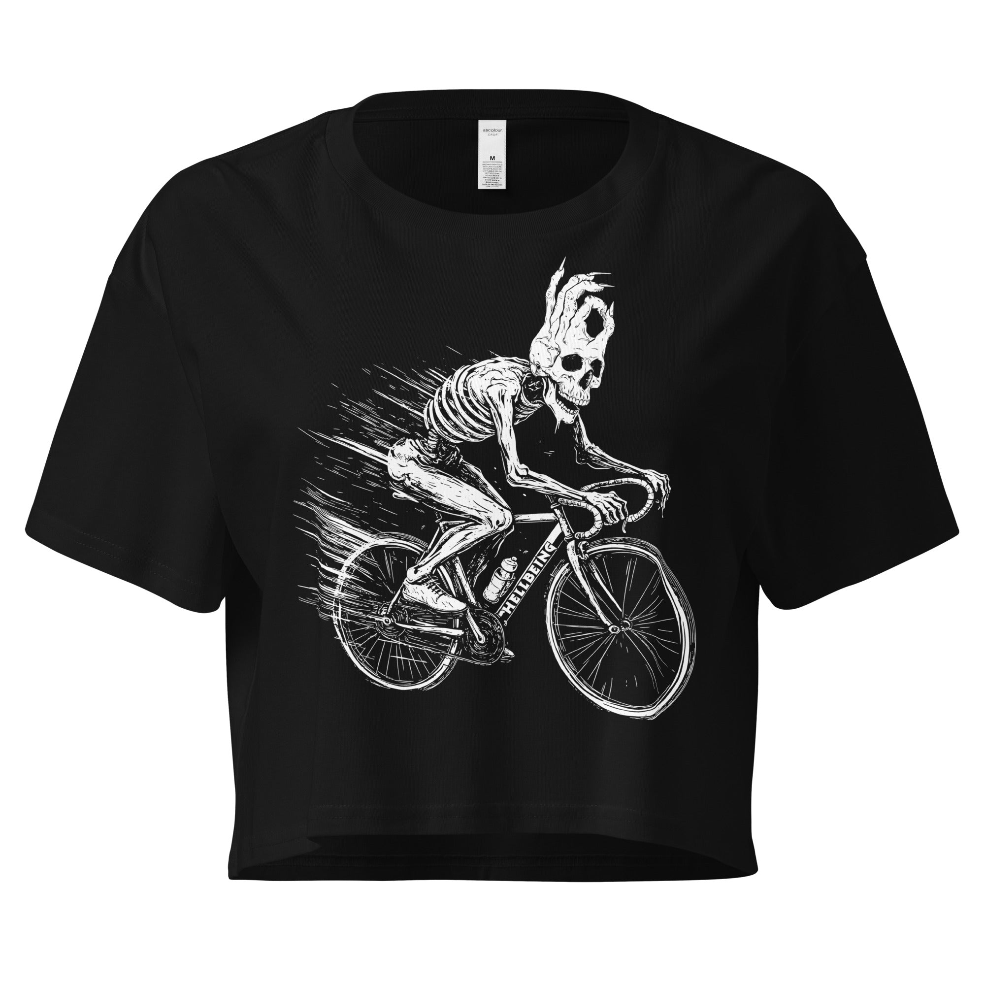 Hellbeing cycling skeleton crop top in black, front view
