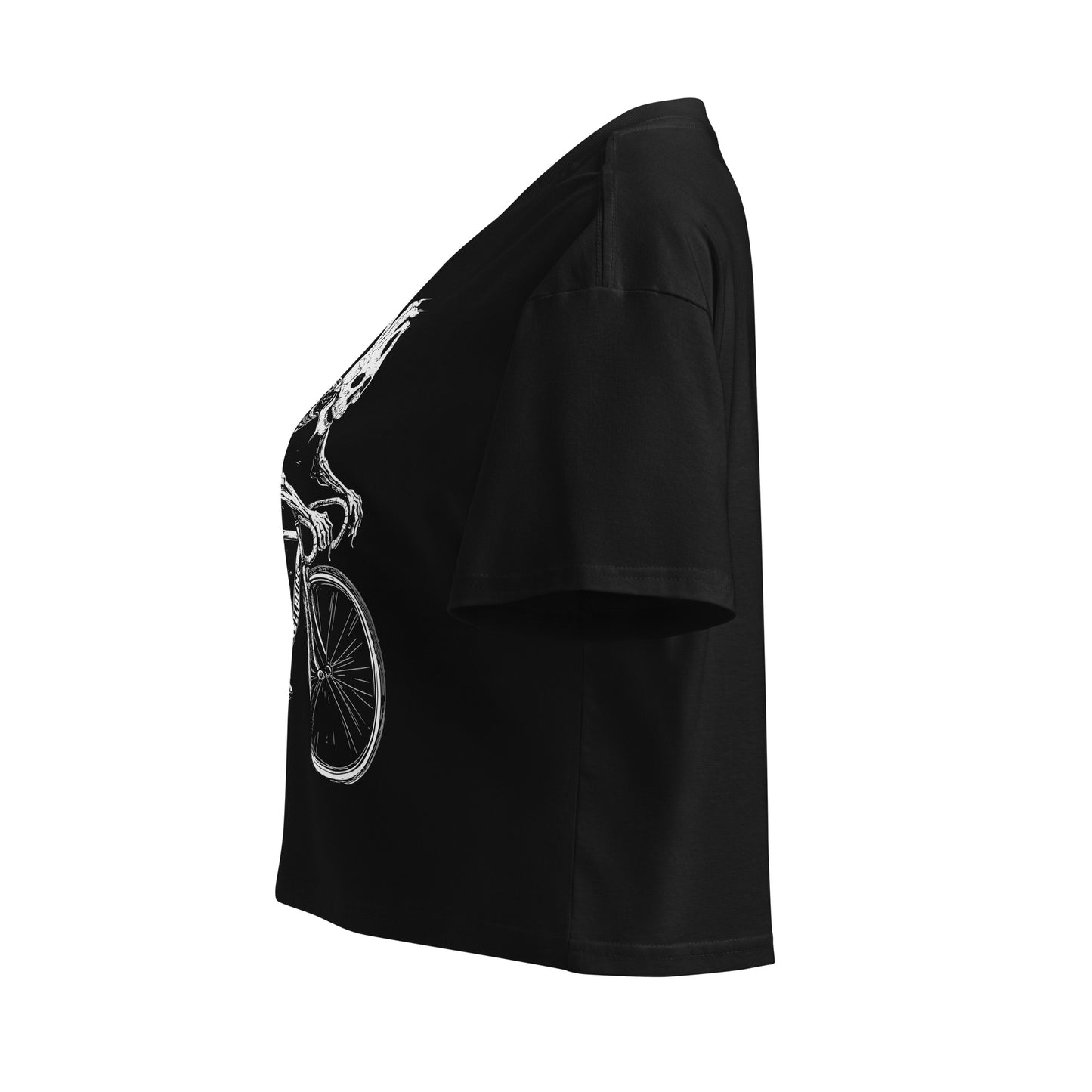Left side view of the Hellbeing Cycling skeleton women's black crop top