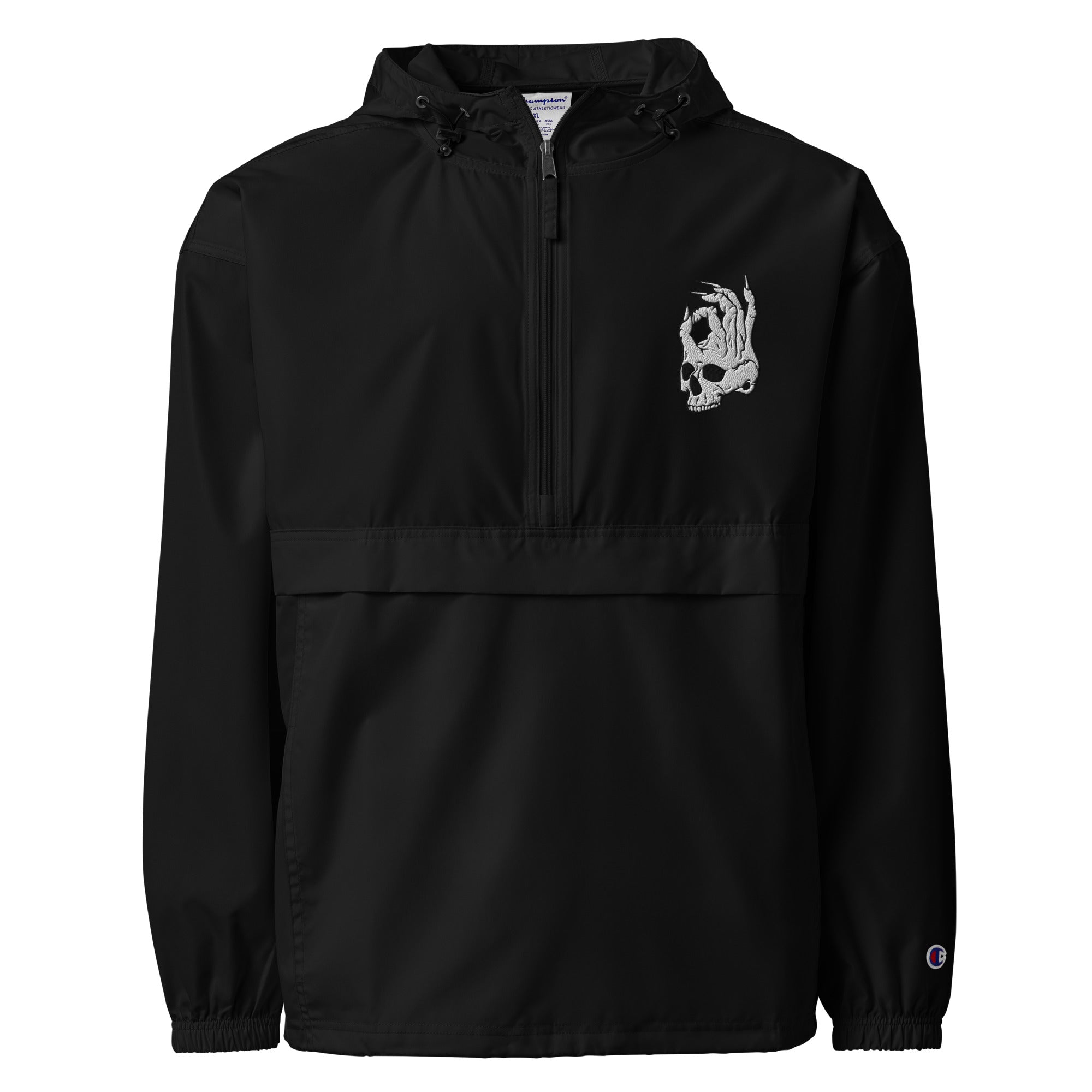 Hellbeing embroidered Champion packable jacket in black, front detail