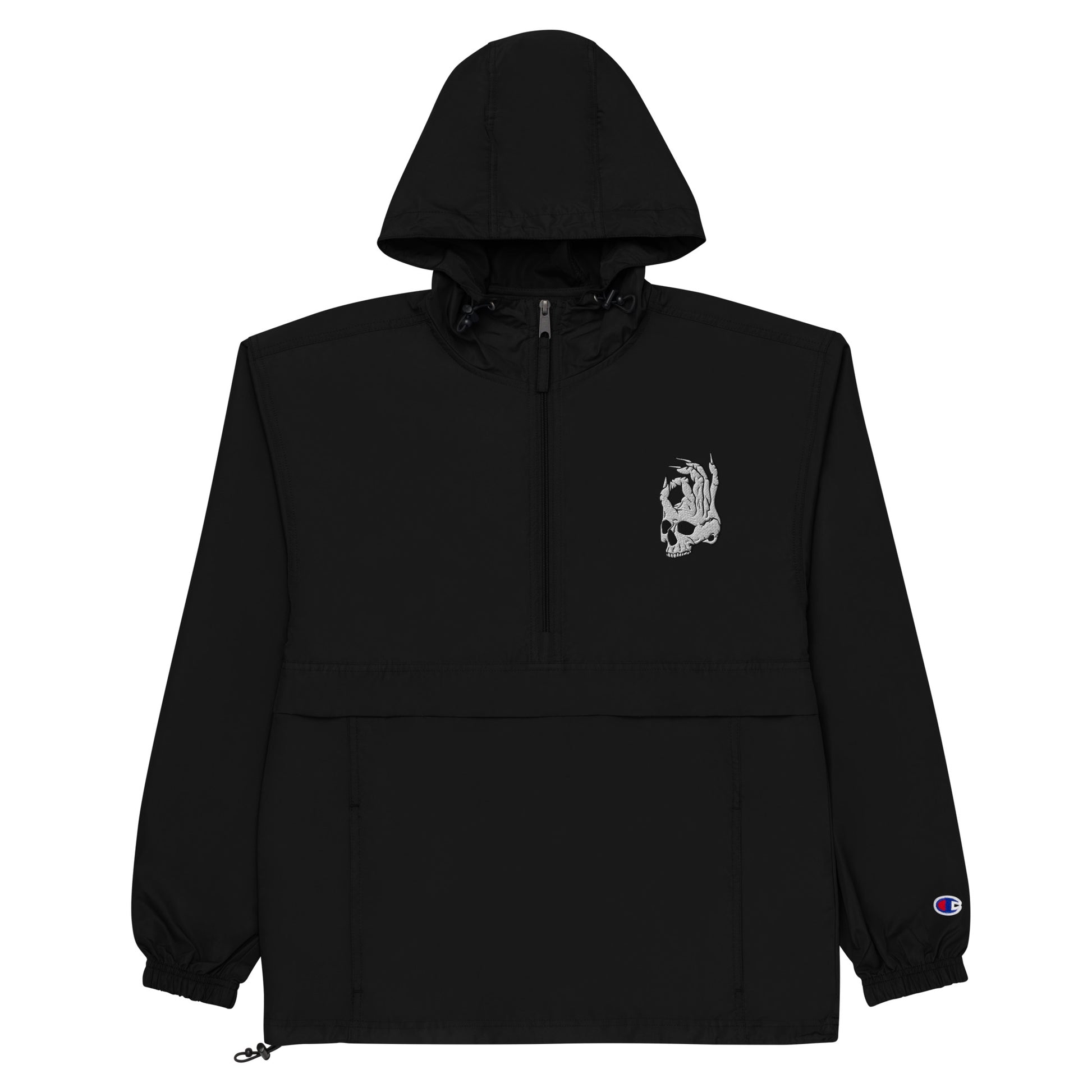 Front view of black Hellbeing Embroidered Champion packable jacket