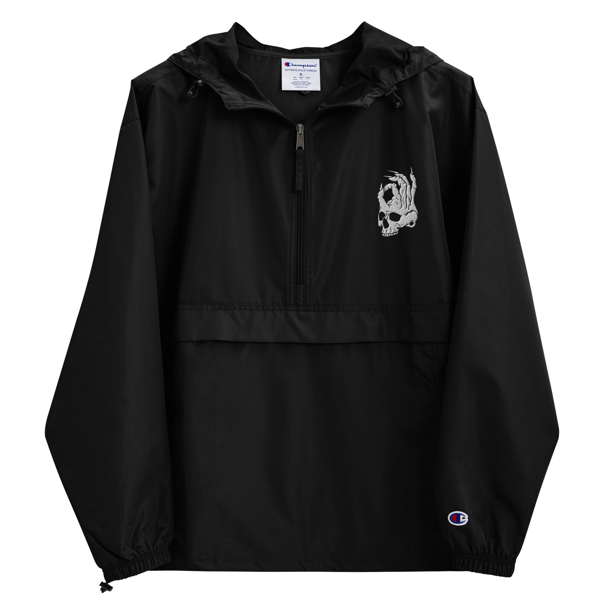 Hellbeing embroidered Champion packable jacket in black, hood detail