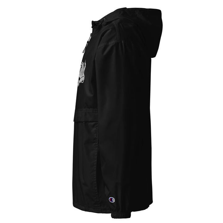 Hellbeing embroidered Champion packable jacket in black, left side view