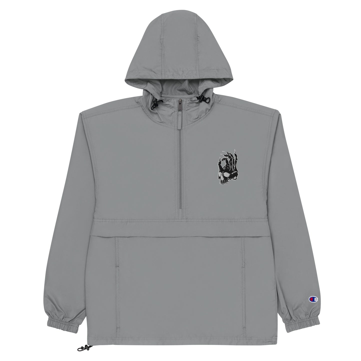 Front view of Gray Hellbeing Embroidered Champion packable jacket