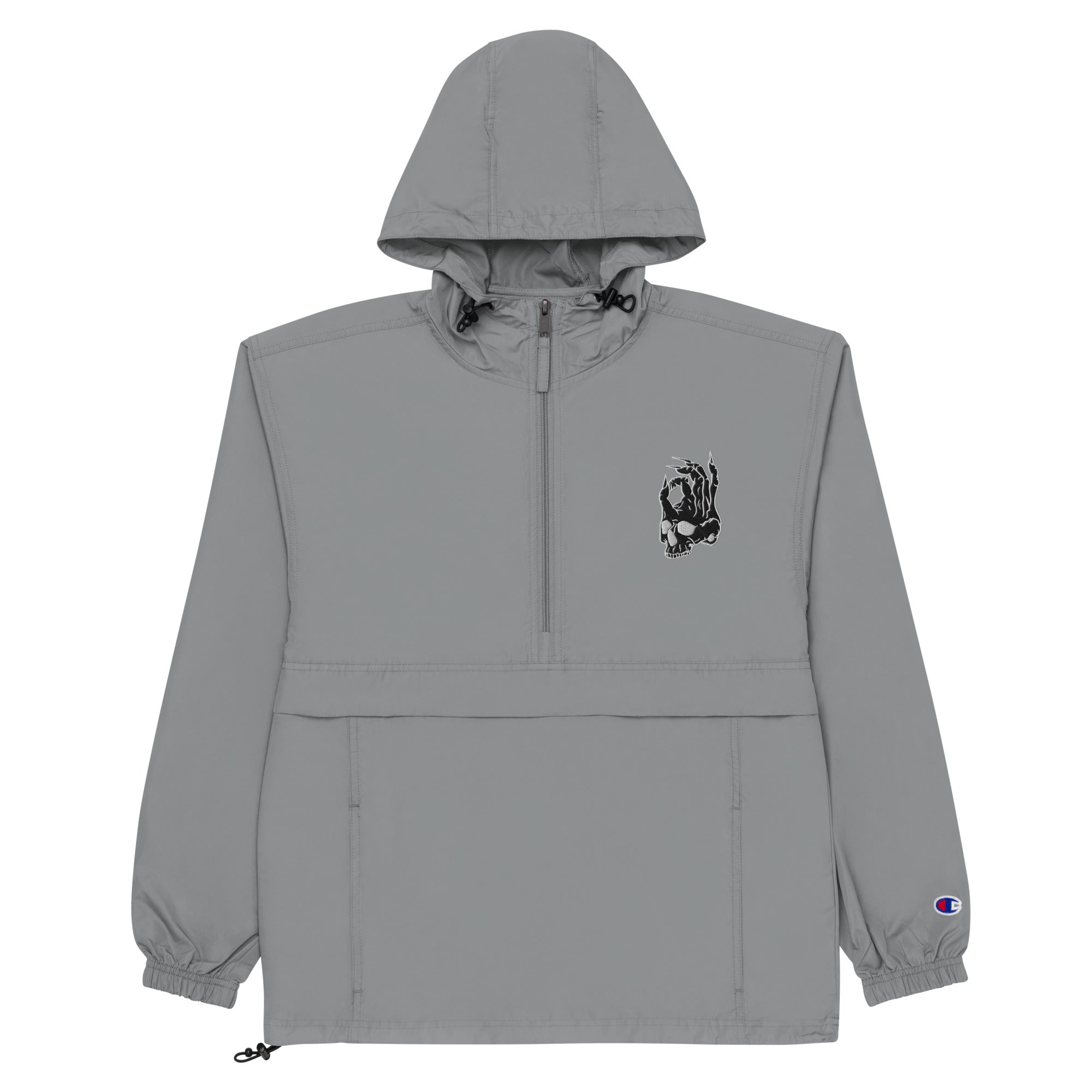 Hellbeing embroidered Champion packable jacket in gray, packed-down view
