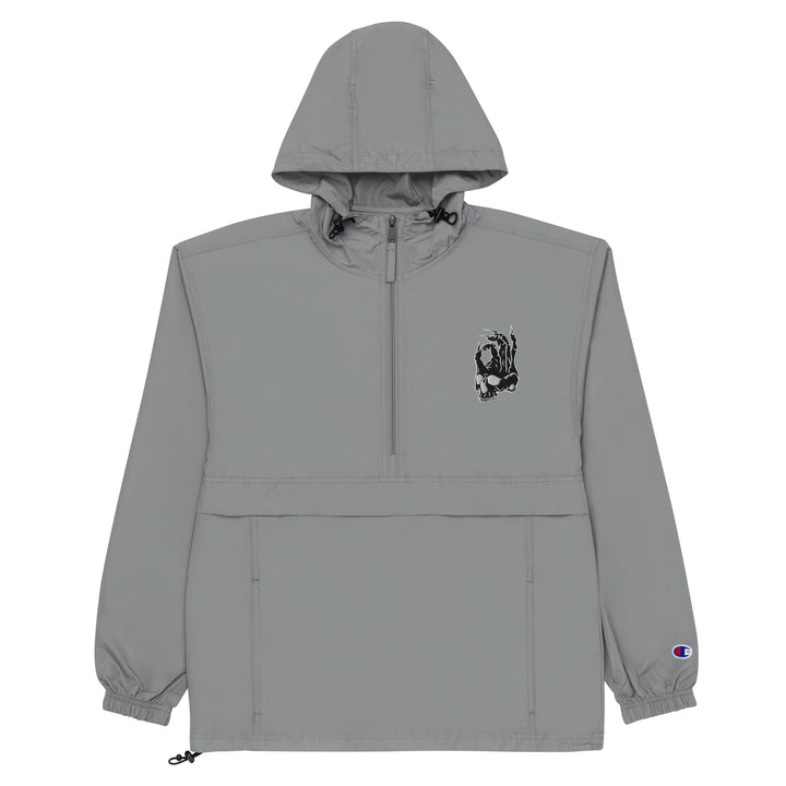 Hellbeing embroidered Champion packable jacket in gray, packed-down view