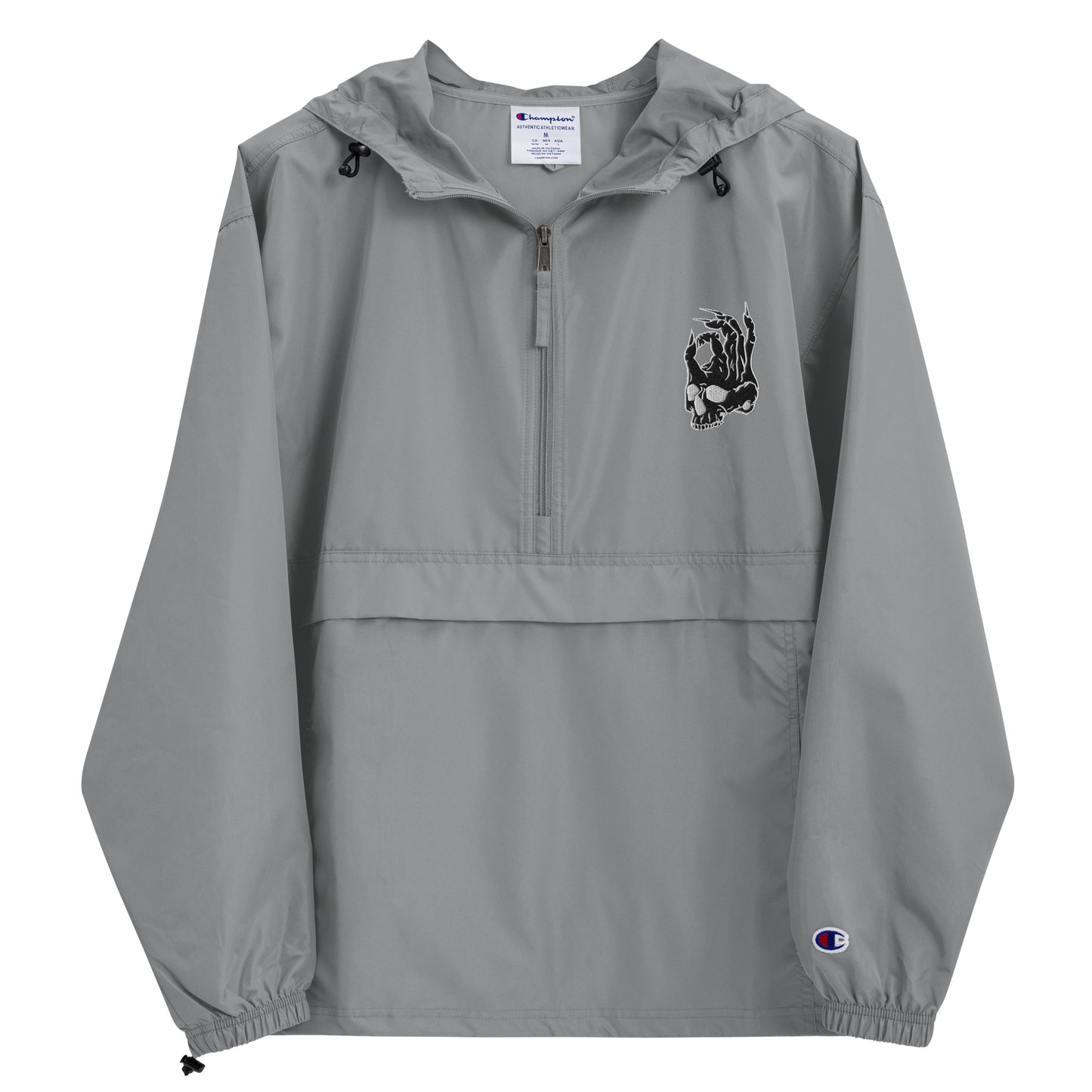 Front view of Gray Hellbeing Embroidered Champion packable jacket