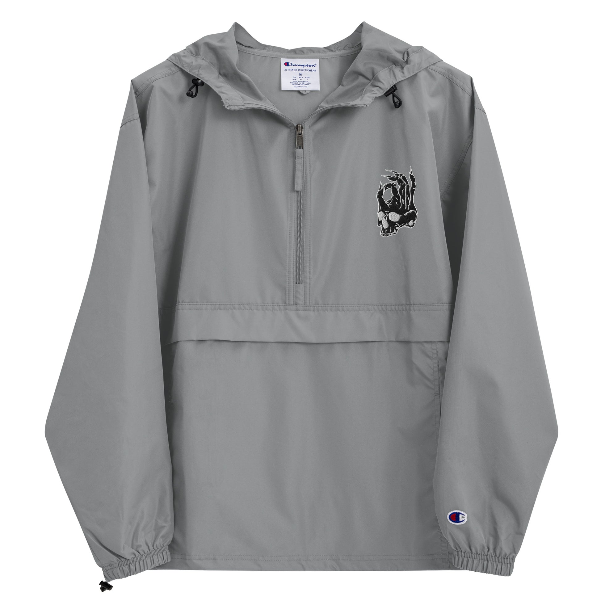 Front view of Gray Hellbeing Embroidered Champion packable jacket
