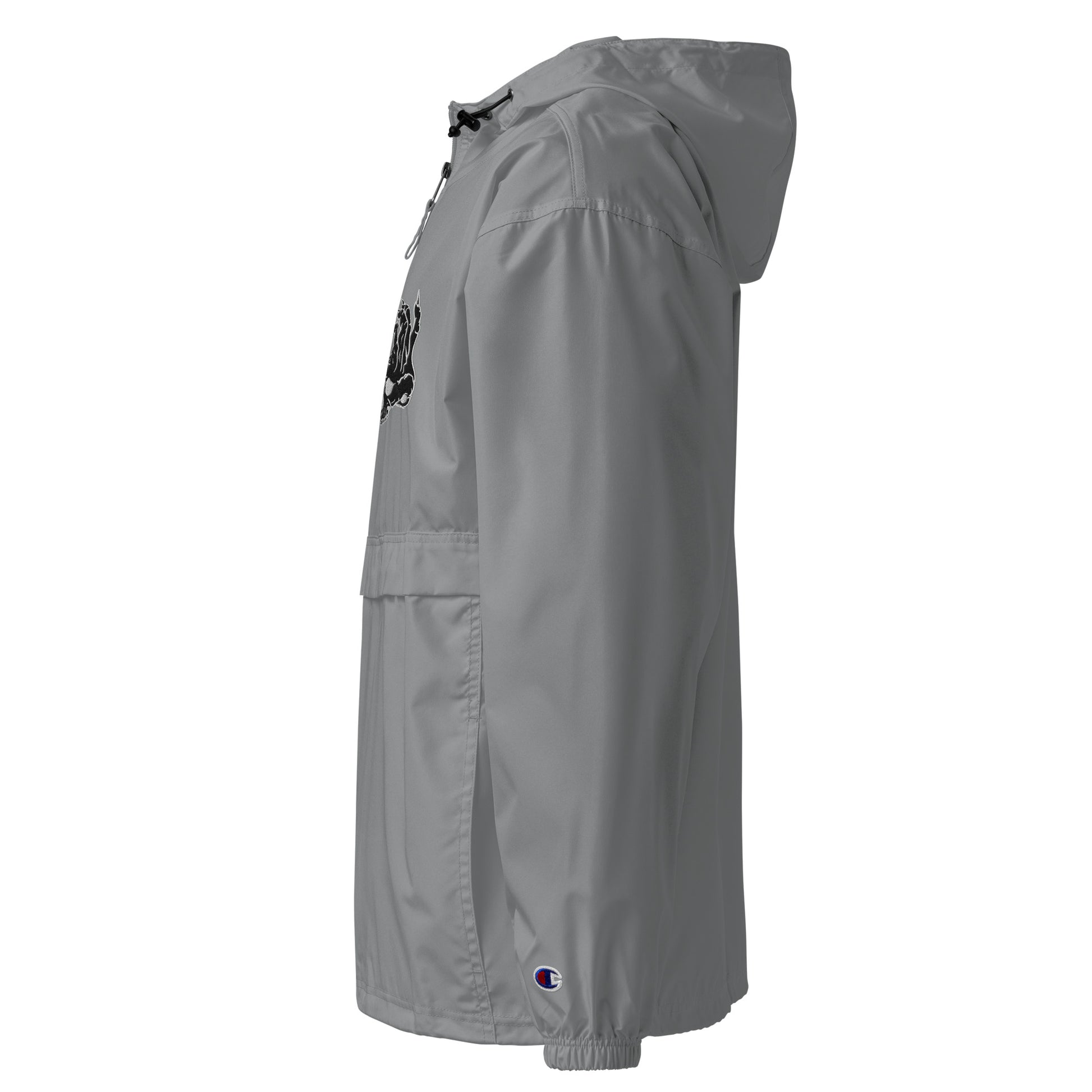 Left side view of Gray Hellbeing Embroidered Champion packable jacket