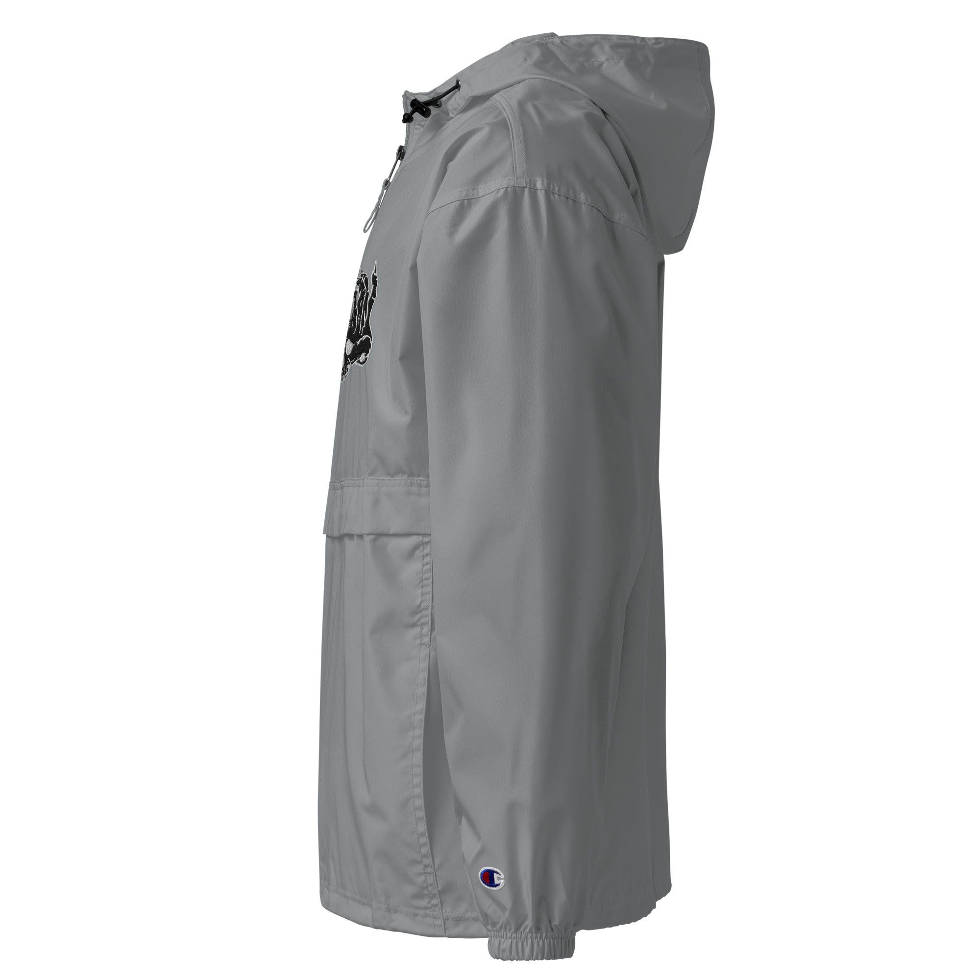 Hellbeing embroidered Champion packable jacket in gray, left side view
