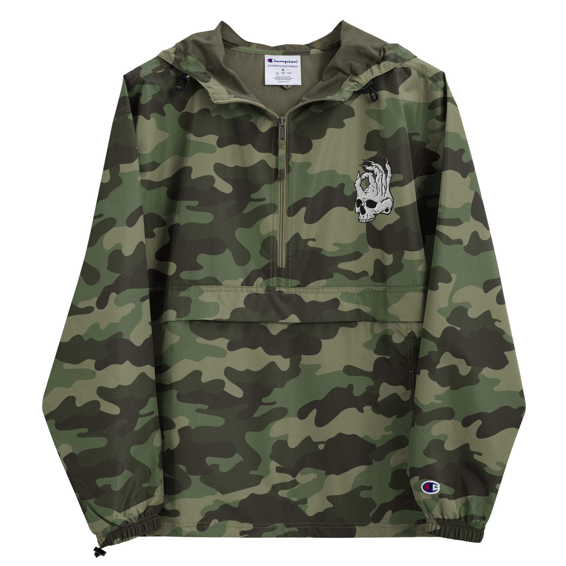 Front view of Camo Hellbeing Embroidered Champion packable jacket