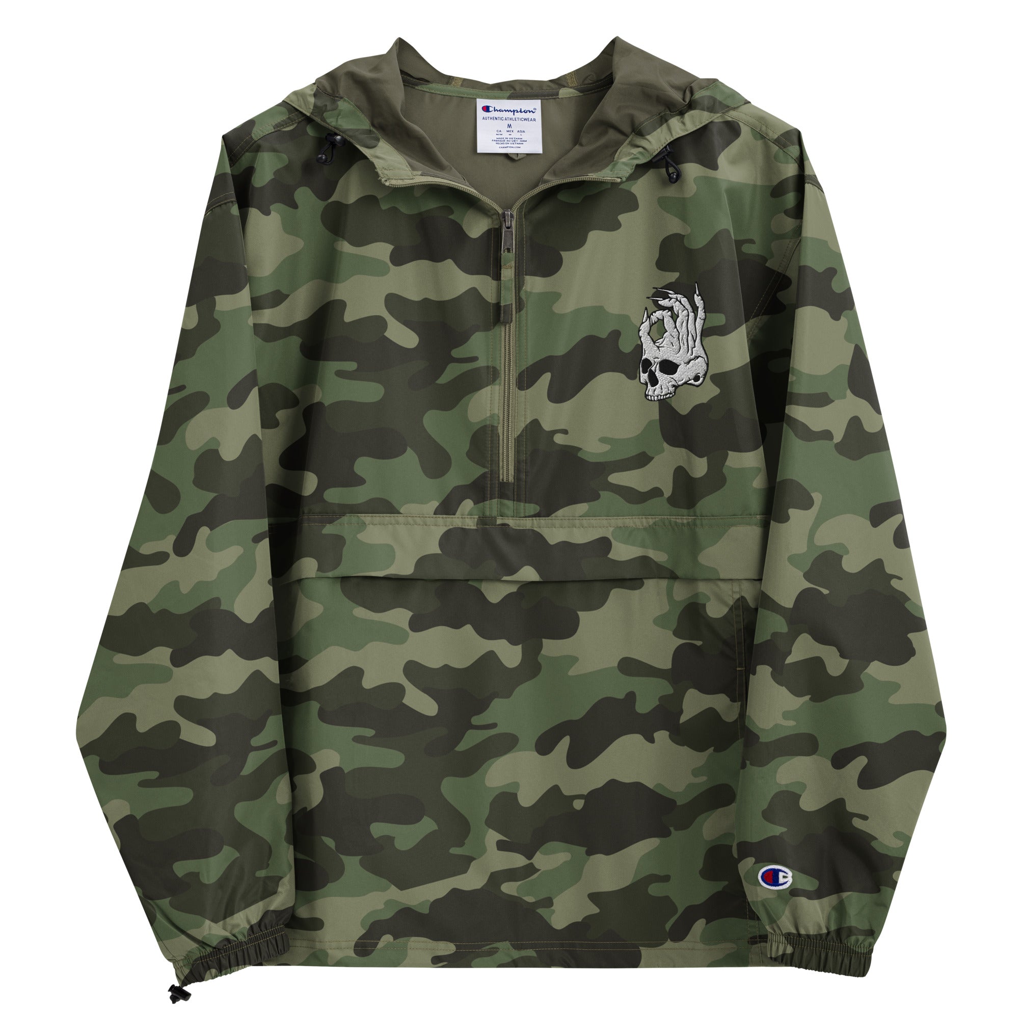 Hellbeing embroidered Champion packable jacket in camo, front angle view