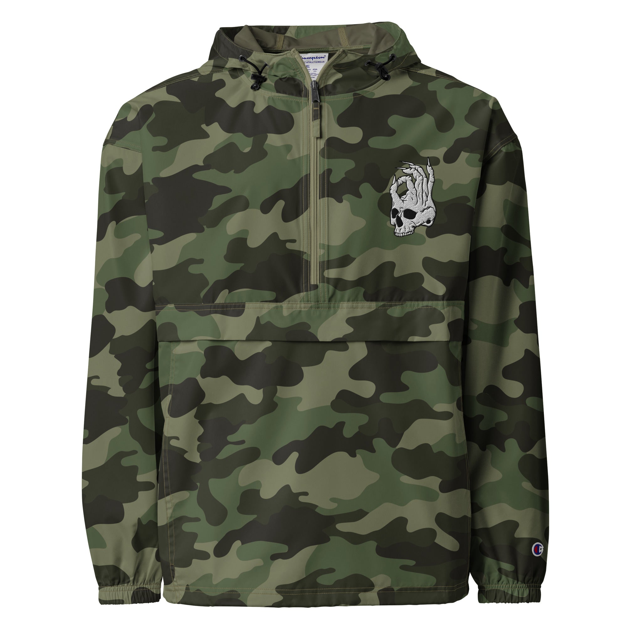 Hellbeing embroidered Champion packable jacket in camo, front detail