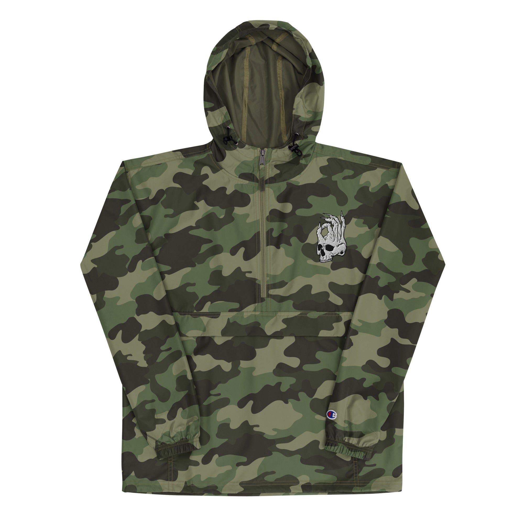 Hellbeing embroidered Champion packable jacket in camo, front view