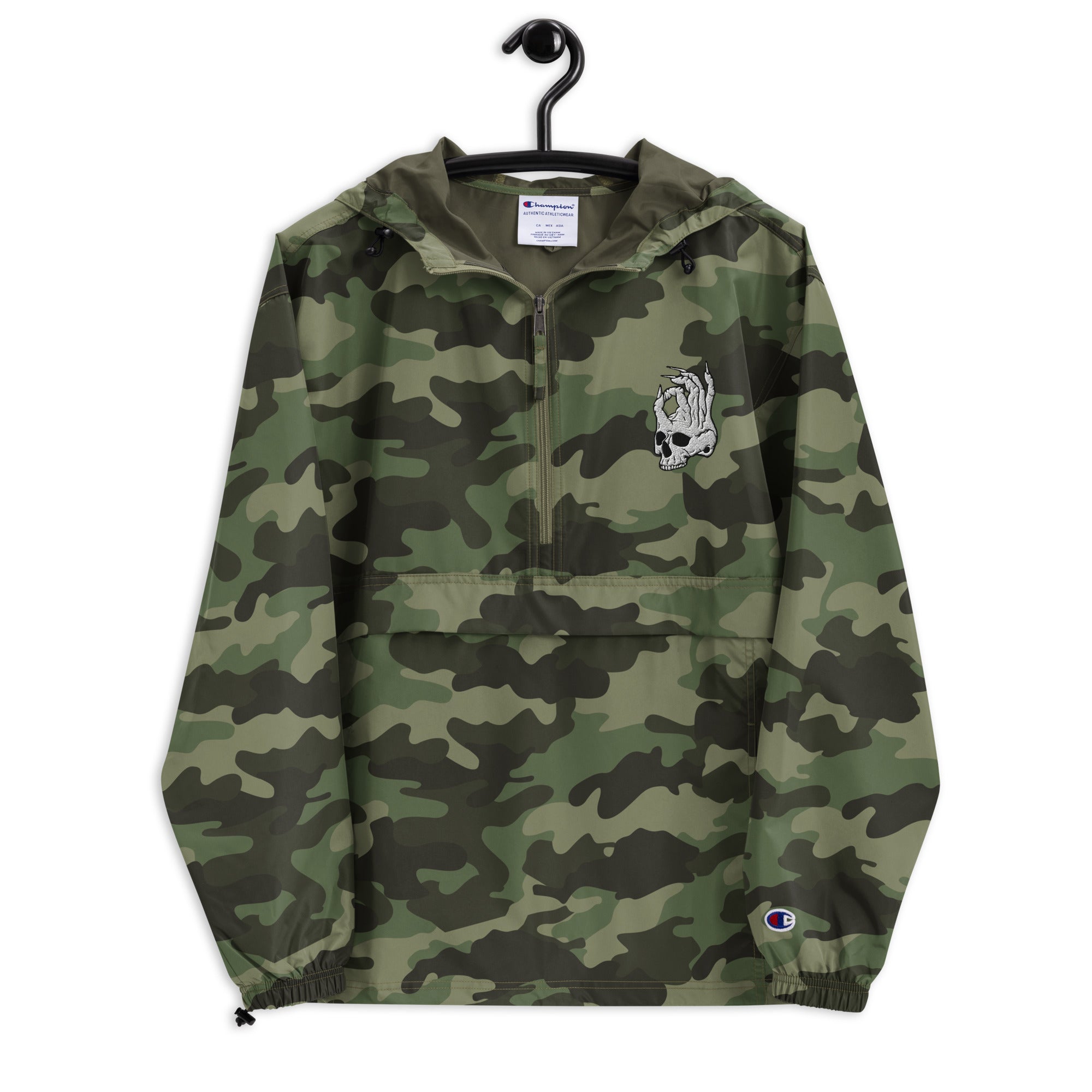 Hellbeing embroidered Champion packable jacket in camo, packed-down view