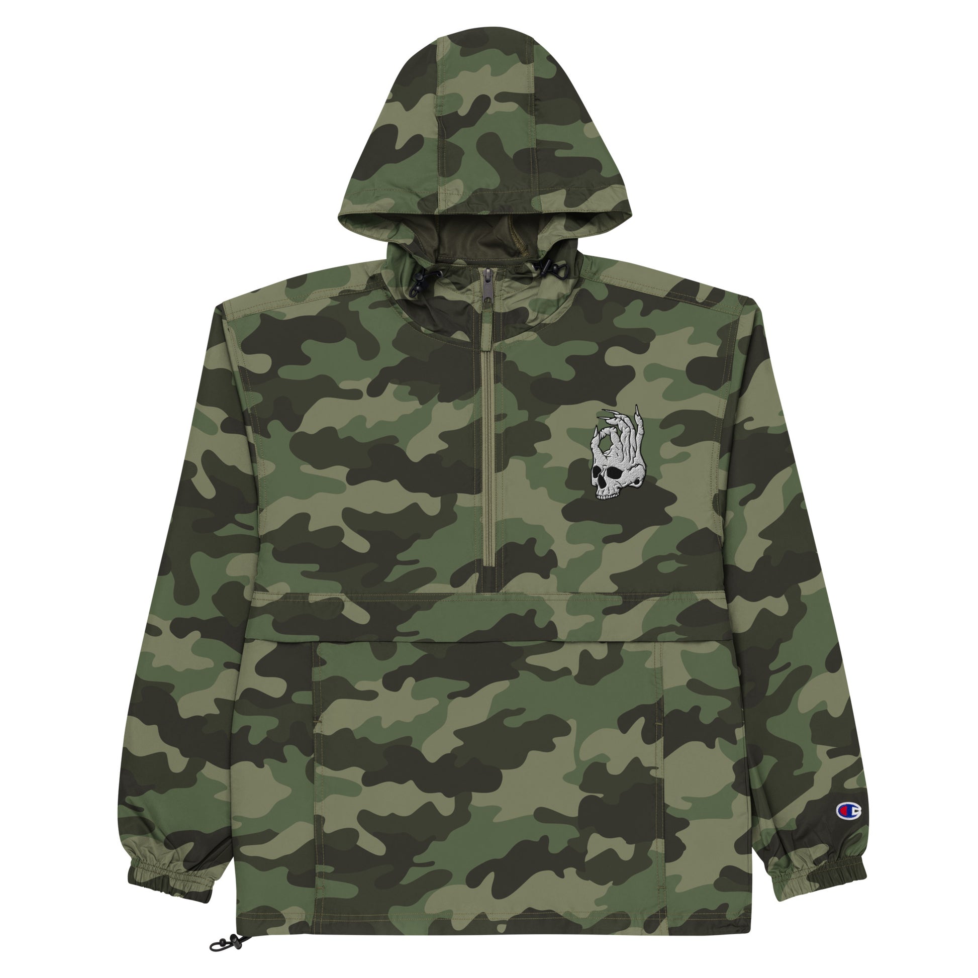 Front view of Camo Hellbeing Embroidered Champion packable jacket