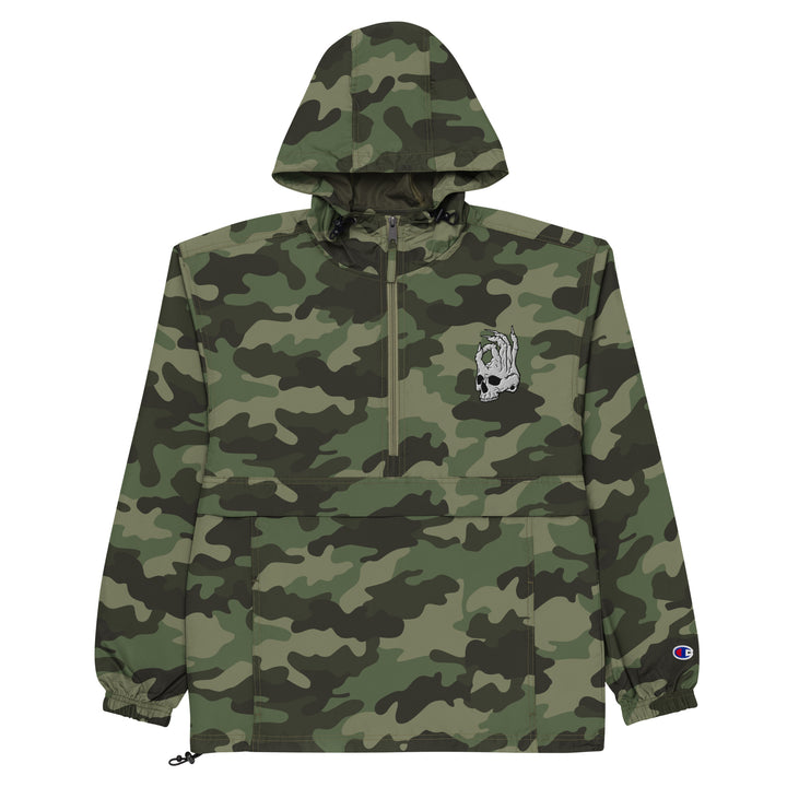 Hellbeing embroidered Champion packable jacket in camo, sleeve logo detail
