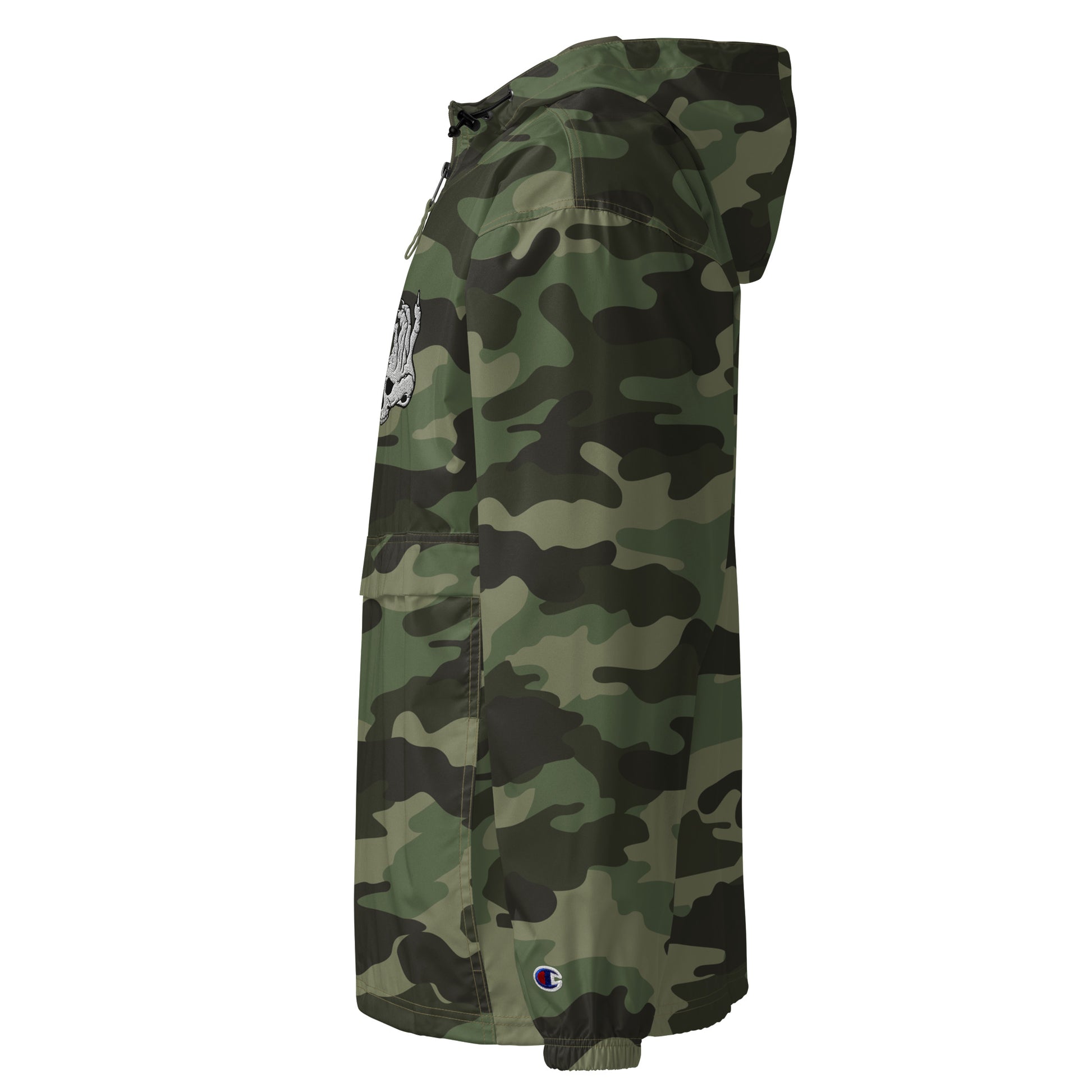 Left side view of Camo Hellbeing Embroidered Champion packable jacket