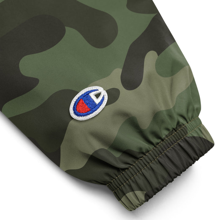 Hellbeing embroidered Champion packable jacket in camo, sleeve logo detail