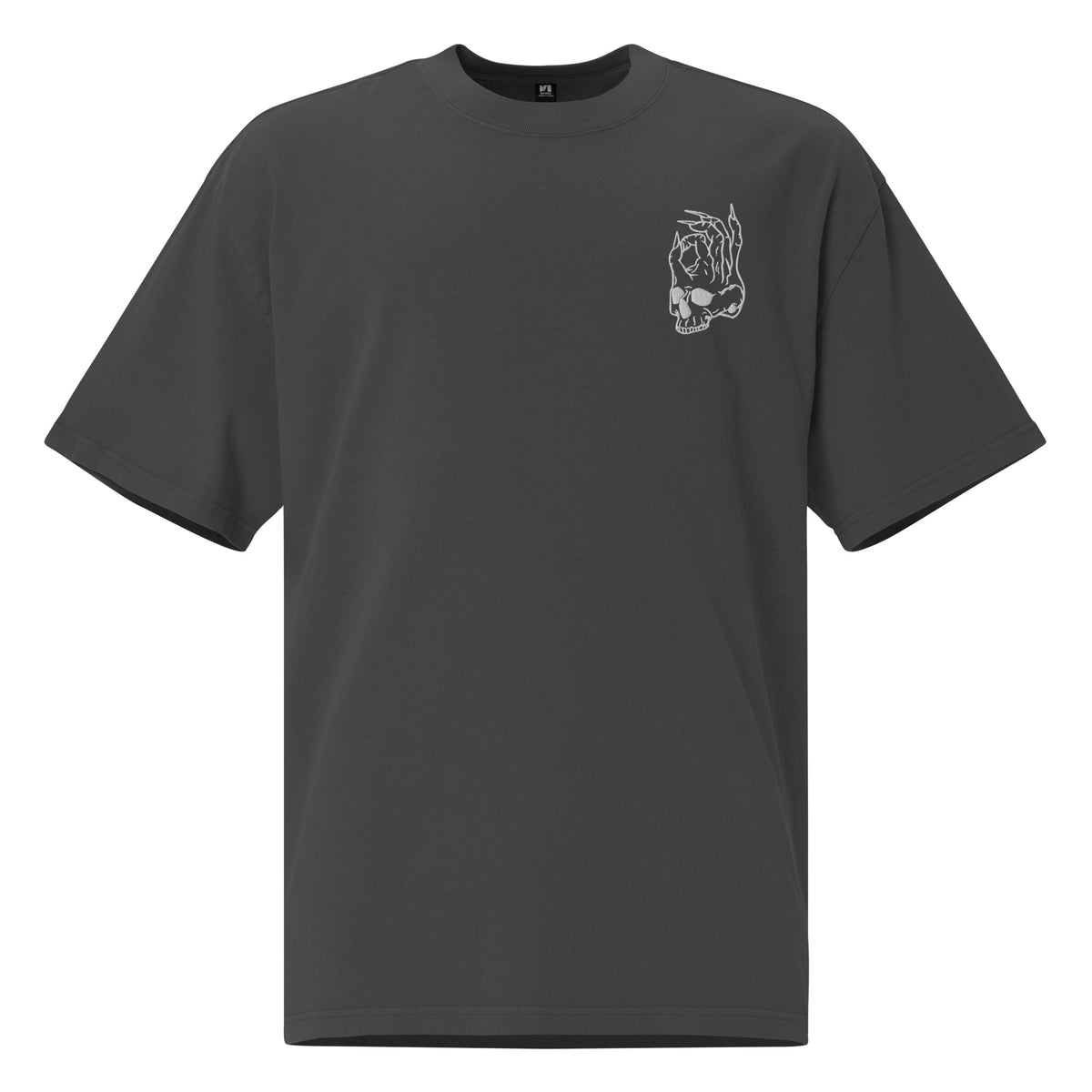 Hellbeing embroidered skull oversized tee in faded black, front view