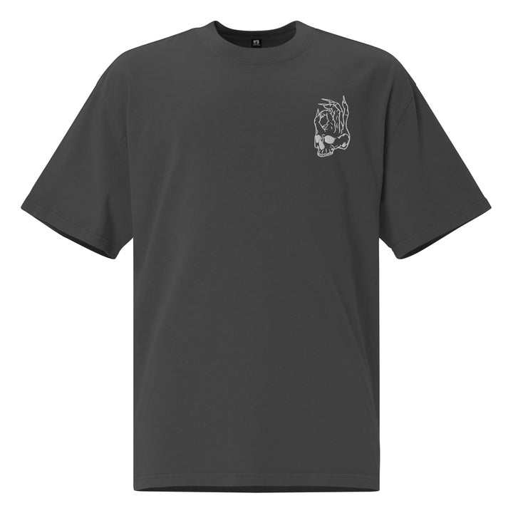 Hellbeing embroidered skull oversized tee in faded black, front view