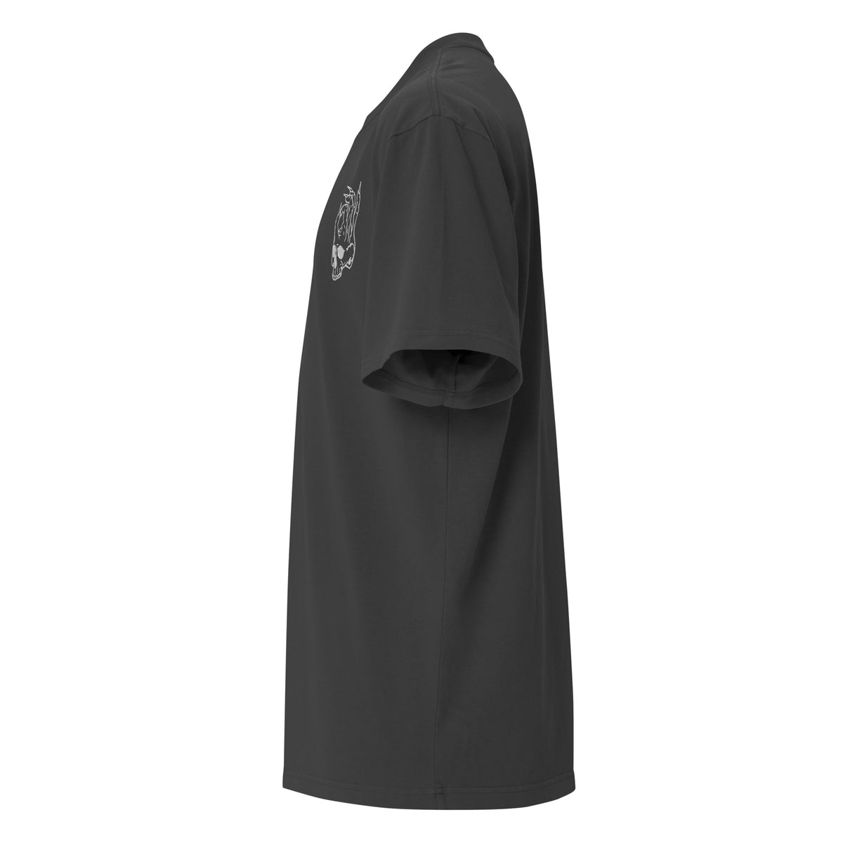 Hellbeing embroidered skull oversized tee in faded black, side view