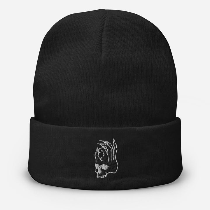 Hellbeing skull logo knit beanie in black, front view