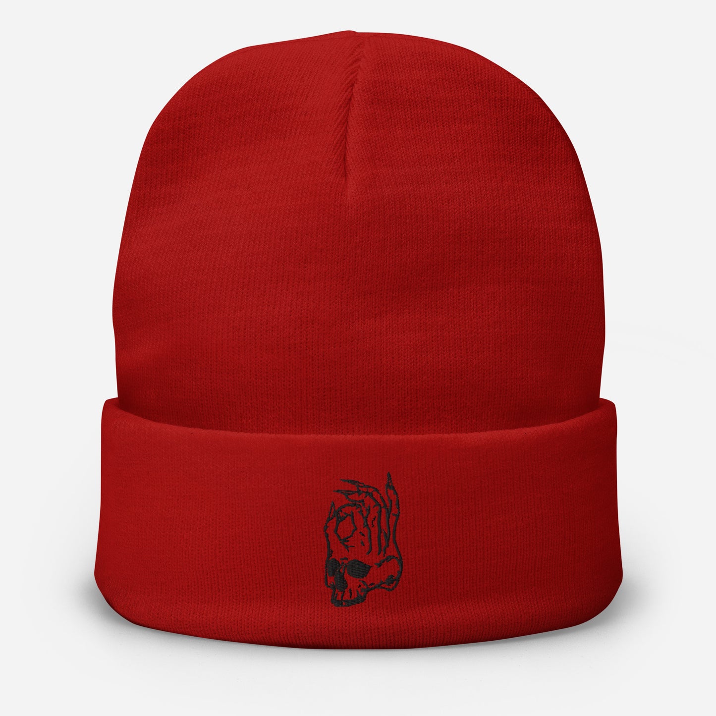 Hellbeing red embroidered skull logo knit beanie