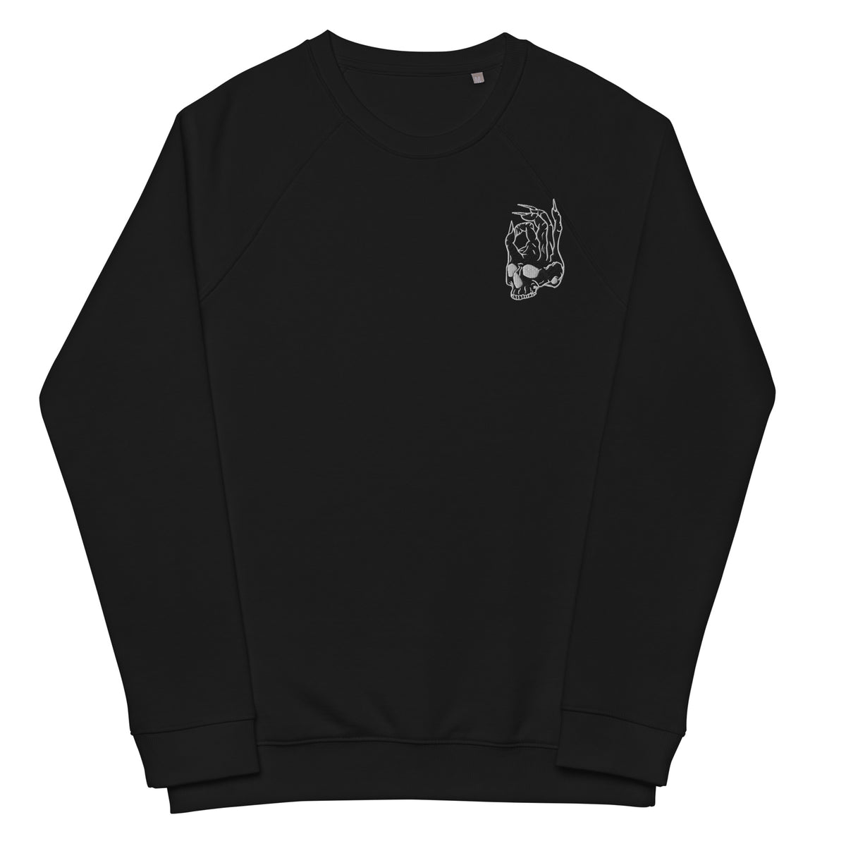 Hellbeing embroidered skull organic raglan sweatshirt in black, front view