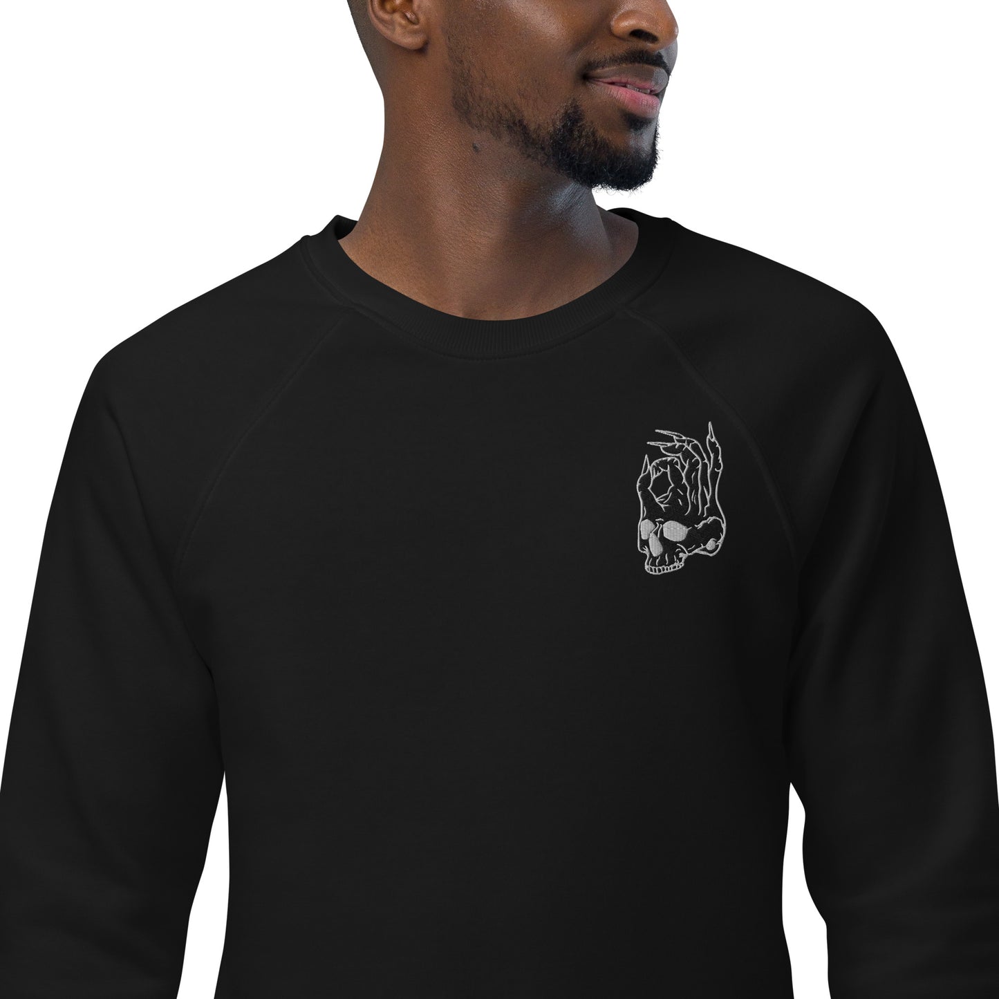 Hellbeing embroidered skull logo organic raglan sweatshirt in black zoomed in