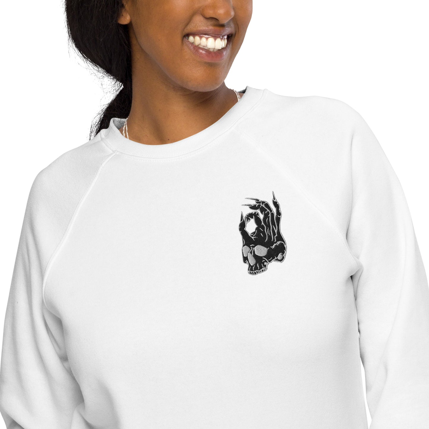 Hellbeing embroidered skull logo organic raglan sweatshirt in white zoomed in