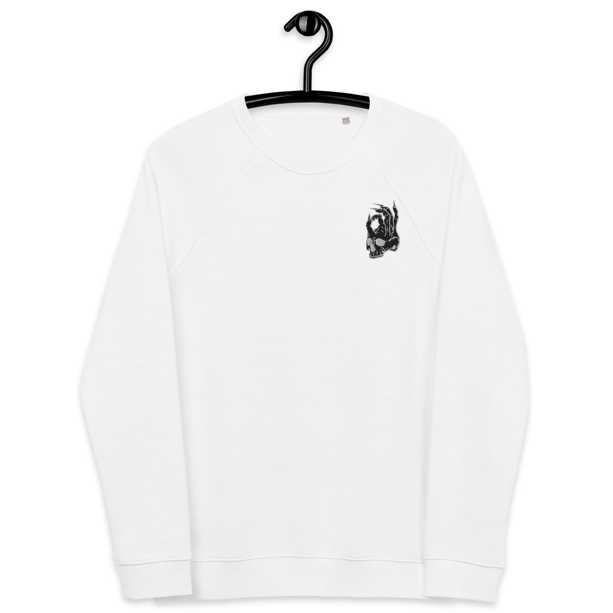 Hellbeing embroidered skull organic raglan sweatshirt in white, front view